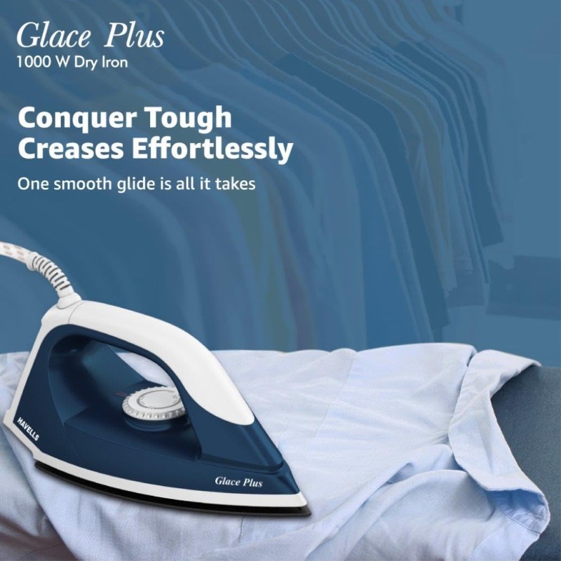 Havells Glace Plus 1000 Watts Dry Iron Press| 2X Non Stick Greblon Coating from Germany| 2X ISI Certified Safety & Performance (Blue)
