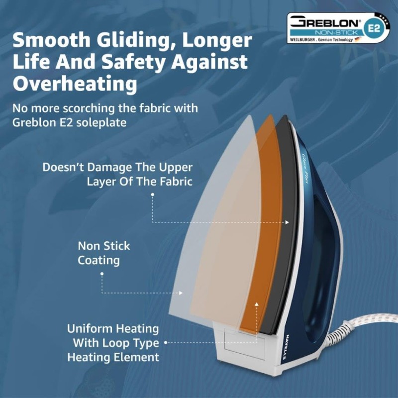 Havells Glace Plus 1000 Watts Dry Iron Press| 2X Non Stick Greblon Coating from Germany| 2X ISI Certified Safety & Performance (Blue)