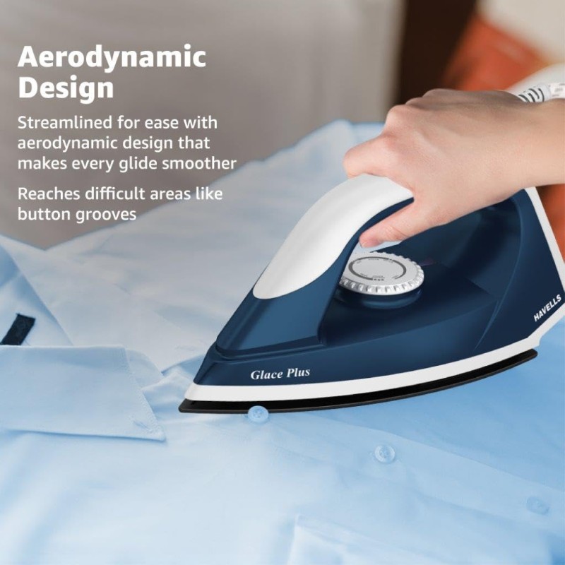Havells Glace Plus 1000 Watts Dry Iron Press| 2X Non Stick Greblon Coating from Germany| 2X ISI Certified Safety & Performance (Blue)