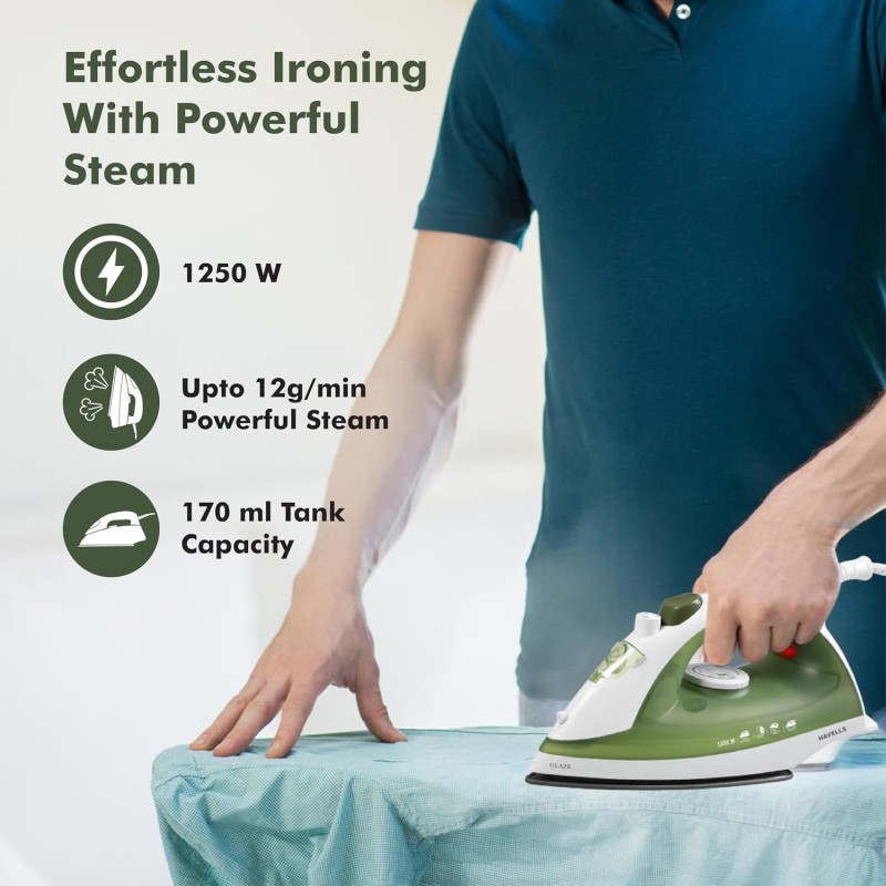 Havells Glaze 1250 Watts Steam Iron with Self Cleaning Function|Vertical & Horizontal Ironing|170 ml Tank for Longer Ironing|High Steaming