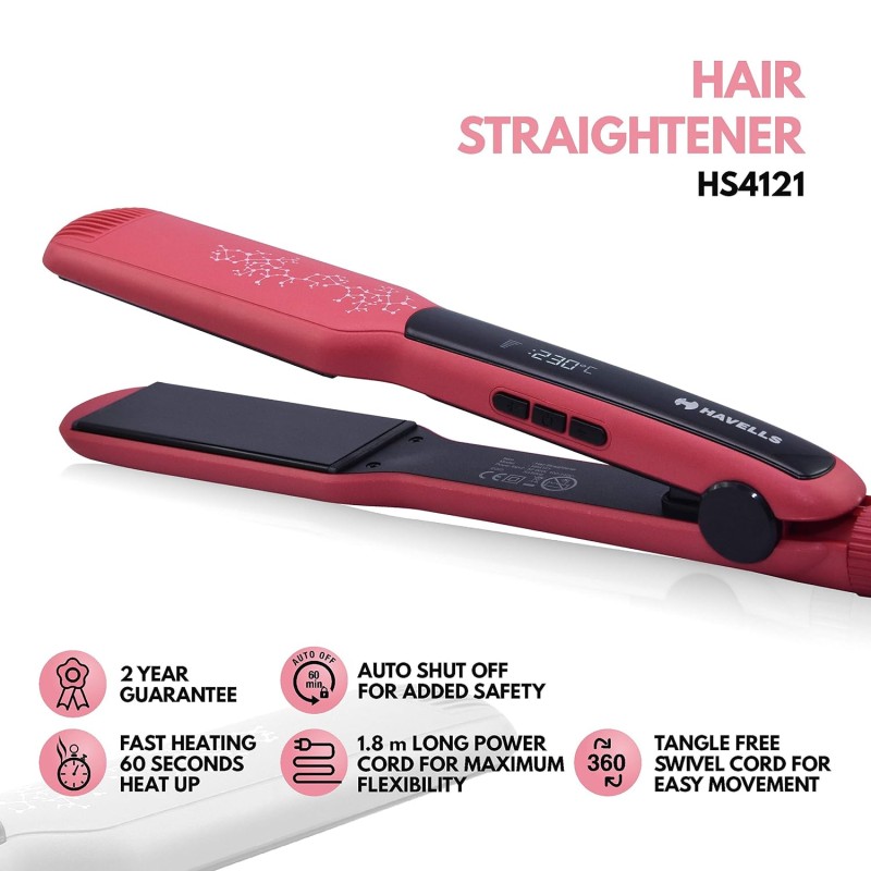 Havells HS4121 Wide Plate Hair Straightener | 5 temperature settings | Digital Display | Instant Heating Technology