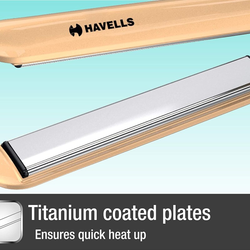 Havells HS4152 Titanium plates professional Hair Straightener; Adjustable temperature with instant heating; For all hair types (Gold)