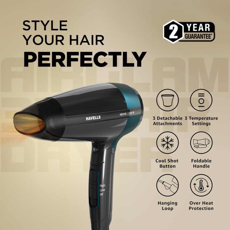 Havells Styling Hair Dryer | Hypersonic Motor | 3 Detachable Attachment| Diffuser, Quill-Style HD4161
