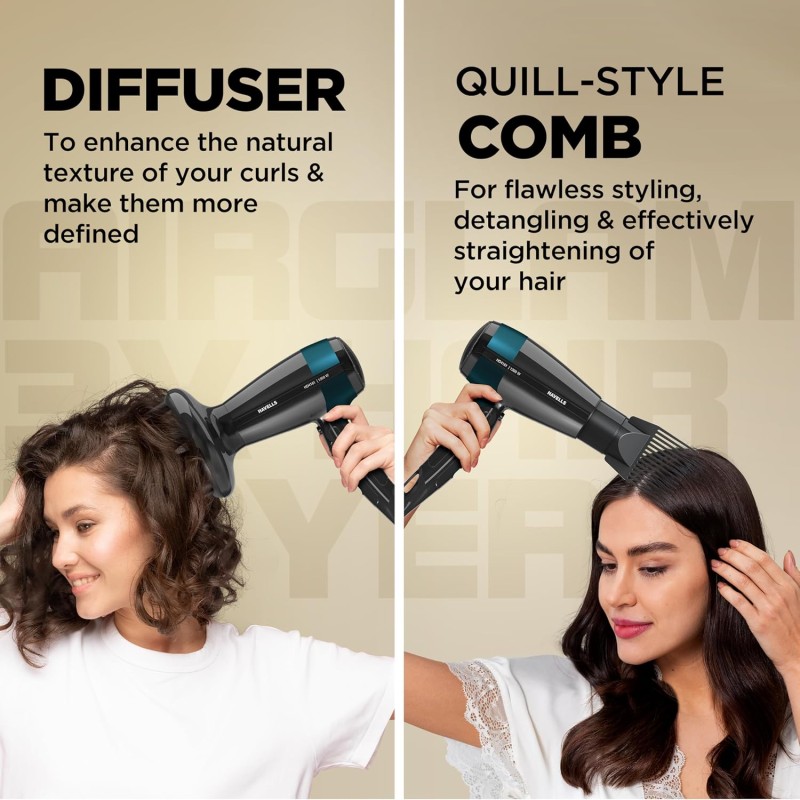 Havells Styling Hair Dryer | Hypersonic Motor | 3 Detachable Attachment| Diffuser, Quill-Style HD4161