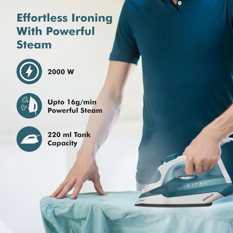 Havells Ventura 2000 Watt Steam Iron with Self Cleaning Function|Vertical & Horizontal Ironing|220 ml Tank for Longer Ironing|High Steaming (Turquoise)