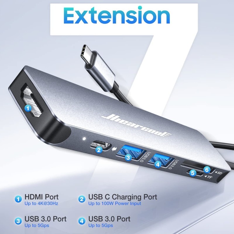Hiearcool 7 in 1 USB C Hub, MacBook Pro Adapter, 4K HDMI, USB3.0, SD/TF Card Reader, 100W PD, Compatible