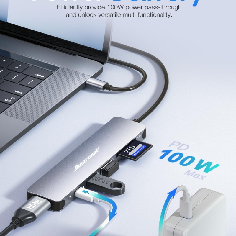 Hiearcool 7 in 1 USB C Hub, MacBook Pro Adapter, 4K HDMI, USB3.0, SD/TF Card Reader, 100W PD, Compatible