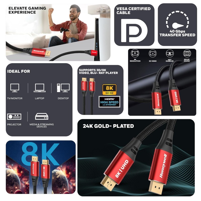 Honeywell Display Port To Display Port 2.0 Cable, 8K@60Hz UHD Resolution, 2 Mtr, 40 GBPS Transmission Speed, Male to Male
