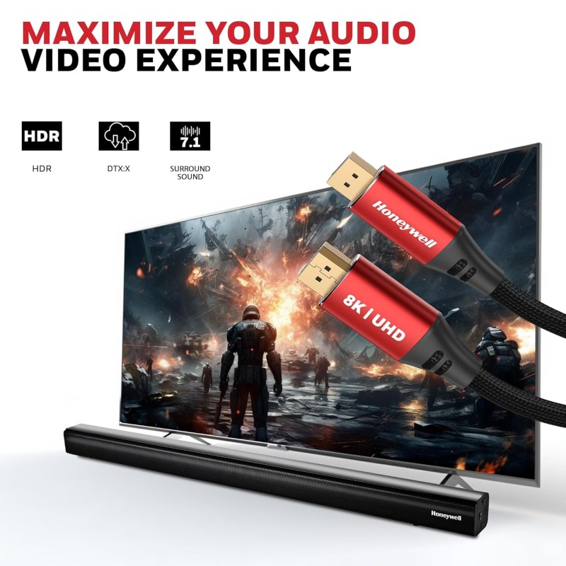 Honeywell Display Port To Display Port 2.0 Cable, 8K@60Hz UHD Resolution, 2 Mtr, 40 GBPS Transmission Speed, Male to Male