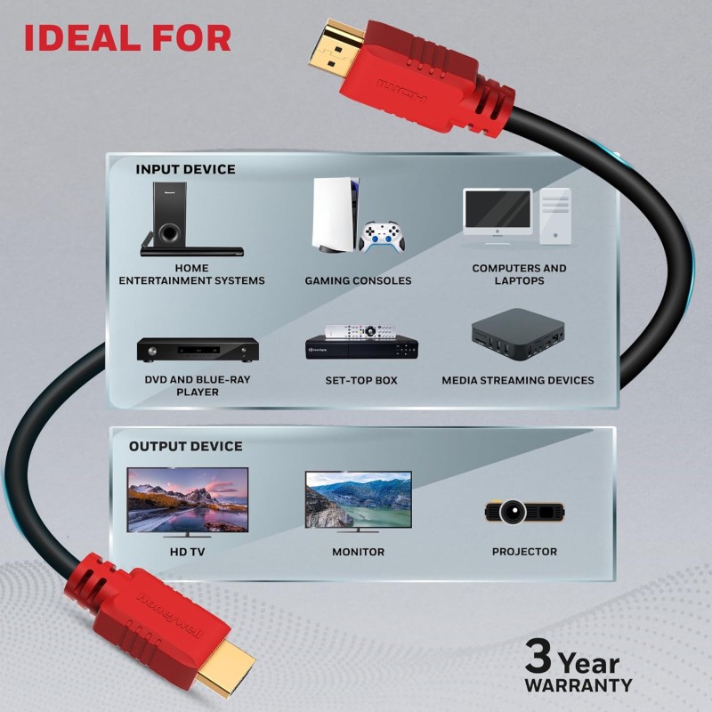 Honeywell HDMI 1.4 Cable with Ethernet (32.8ft/10M) High Speed HDMI Cable 10.2GBPS | Supports 3D /4Kx2K Ultra High Definition Black