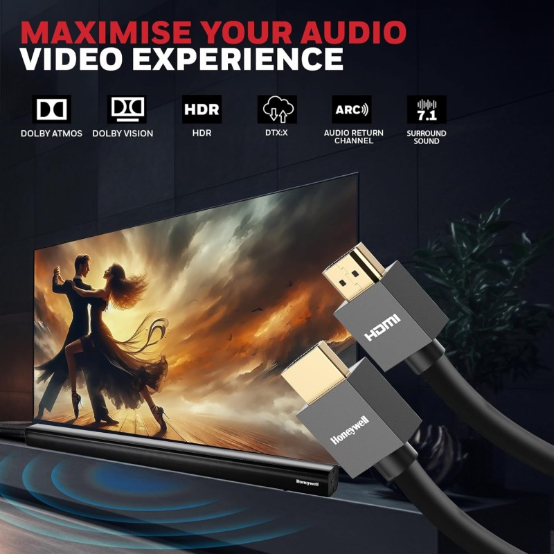 Honeywell HDMI Cable v2.0 with Ethernet, 3D/4K@60Hz Ultra HD Resolution, 1 Mtr, 18 GBPS Transmission Speed, High-Speed, Compatible with all HDMI Devices Laptop Desktop TV Set-top Box Gaming Console