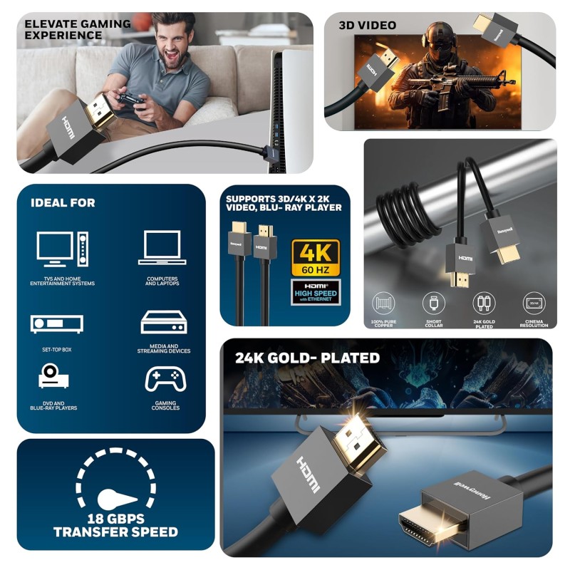 Honeywell HDMI Cable v2.0 with Ethernet, 3D/4K@60Hz Ultra HD Resolution, 1 Mtr, 18 GBPS Transmission Speed, High-Speed, Compatible with all HDMI Devices Laptop Desktop TV Set-top Box Gaming Console