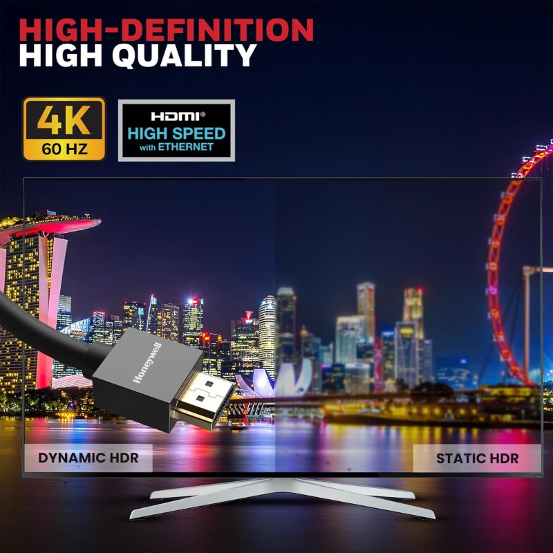 Honeywell HDMI Cable v2.0 with Ethernet, 3D/4K@60Hz Ultra HD Resolution, 1 Mtr, 18 GBPS Transmission Speed, High-Speed, Compatible with all HDMI Devices Laptop Desktop TV Set-top Box Gaming Console