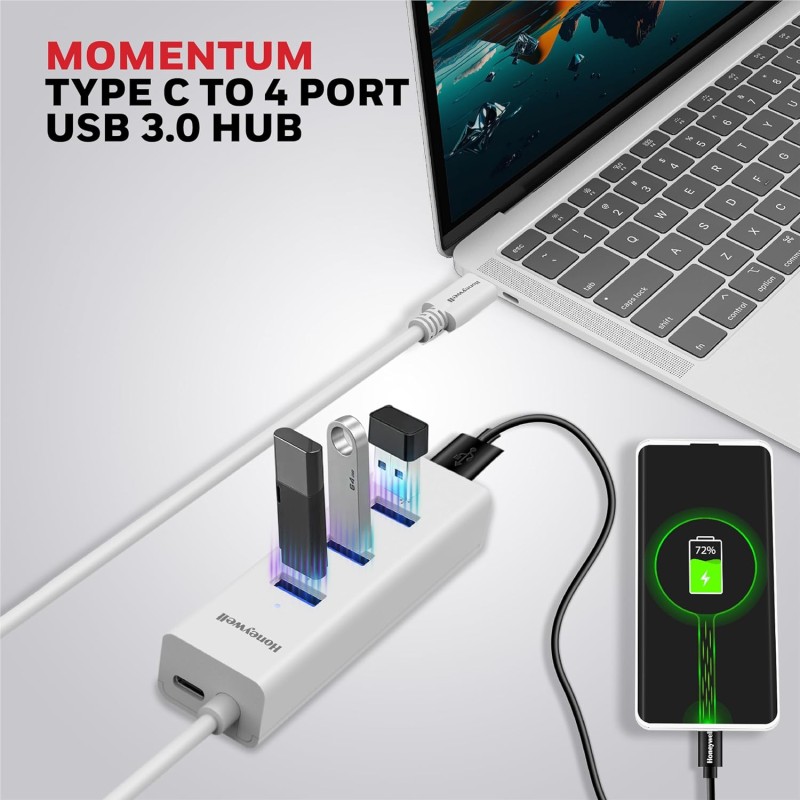 Honeywell Momentum Type C to 4xUSB 3.0 Hub, Super-Fast Transmission Speed 5GBPS, Max Current 900mA per Port, Universally