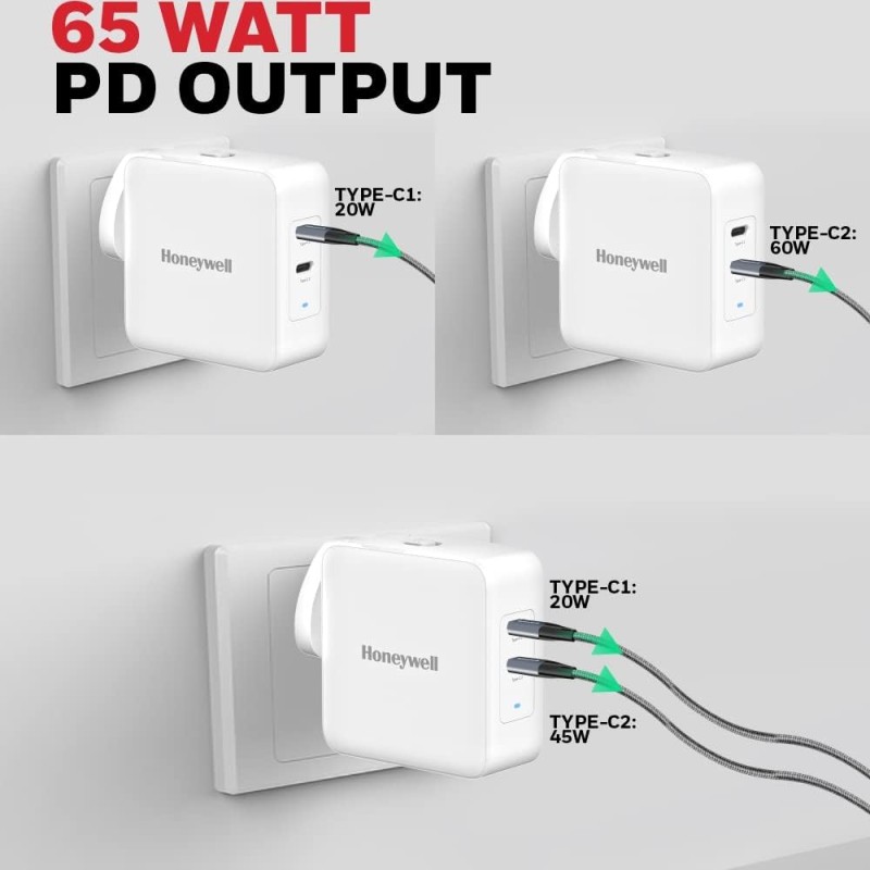 Honeywell Zest Charger GaN 65W, BIS Certified, 2xType C PD 3.0 Ports, Equipped with Switchable Plugs, Ultra-Fast Charging Compatible with iPhone, MacBook Air, iPad Pro, Pixel, Galaxy, Laptops, etc.
