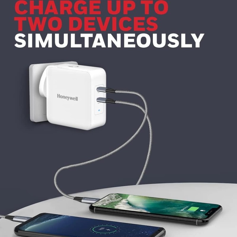 Honeywell Zest Charger GaN 65W, BIS Certified, 2xType C PD 3.0 Ports, Equipped with Switchable Plugs, Ultra-Fast Charging Compatible with iPhone, MacBook Air, iPad Pro, Pixel, Galaxy, Laptops, etc.