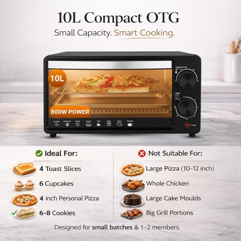 INALSA Oven Toaster Griller 10 L, Cake Baking Oven OTG Multi-Task with Temperature 800 Watts, Includes Baking Pan (Black/Silver)