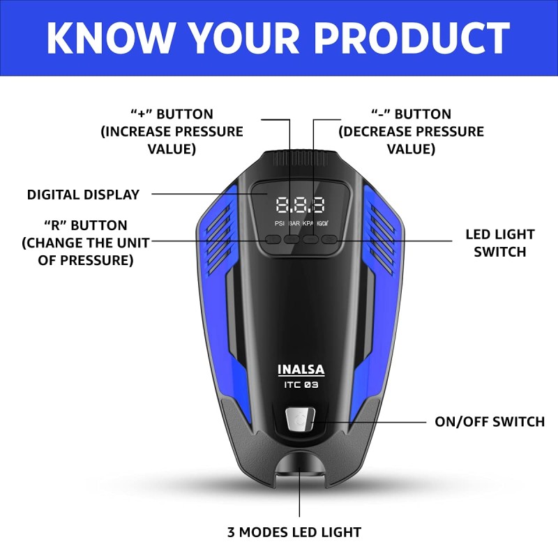 INALSA Tyre Inflator ITC 03 with Digital Display | 12 V DC Portable Tyre Inflator | 150 PSI with 3 Modes of Emergency LED Light | 150 Watt (Black/Blue)
