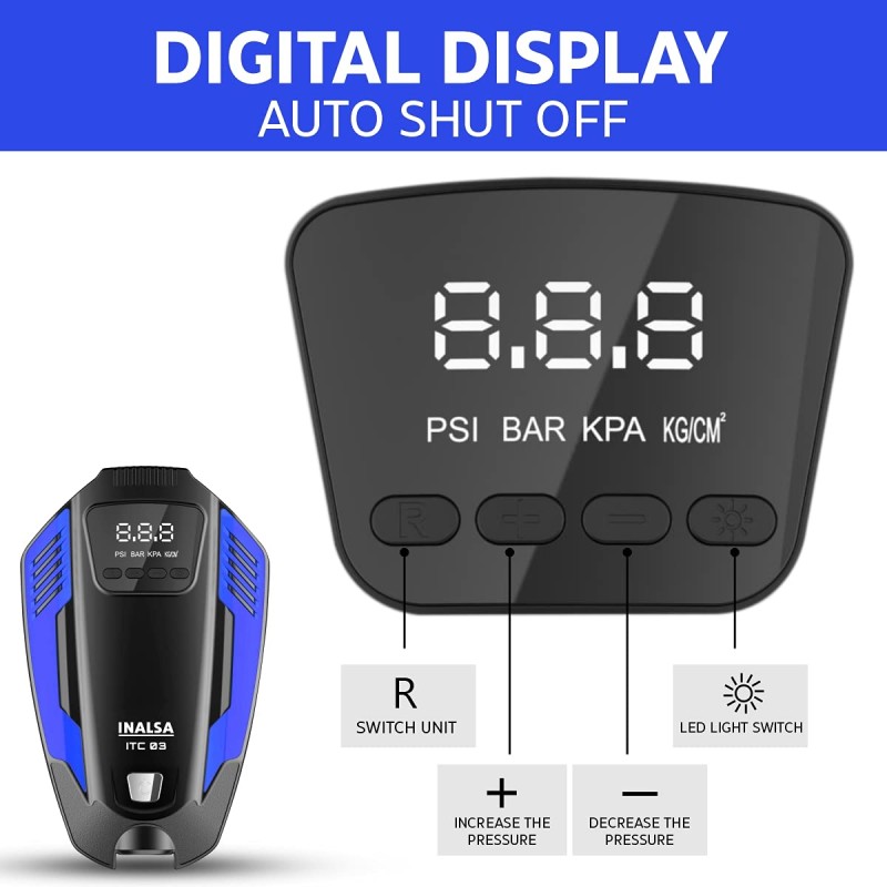 INALSA Tyre Inflator ITC 03 with Digital Display | 12 V DC Portable Tyre Inflator | 150 PSI with 3 Modes of Emergency LED Light | 150 Watt (Black/Blue)