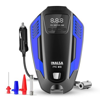 INALSA Tyre Inflator ITC 03 with Digital Display | 12 V DC Portable Tyre Inflator | 150 PSI with 3 Modes of Emergency LED Light | 150 Watt (Black/Blue)