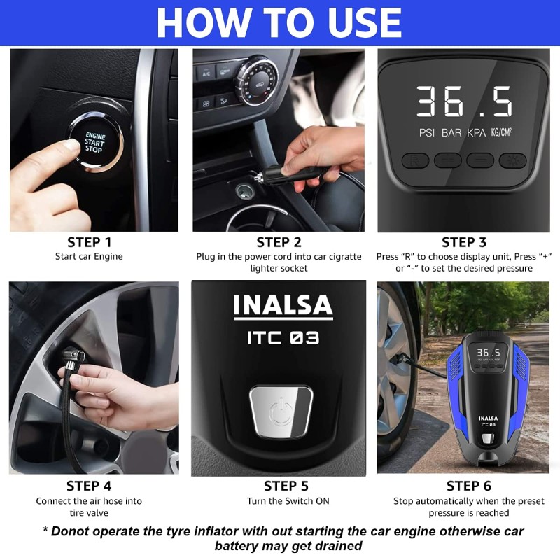 INALSA Tyre Inflator ITC 03 with Digital Display | 12 V DC Portable Tyre Inflator | 150 PSI with 3 Modes of Emergency LED Light | 150 Watt (Black/Blue)