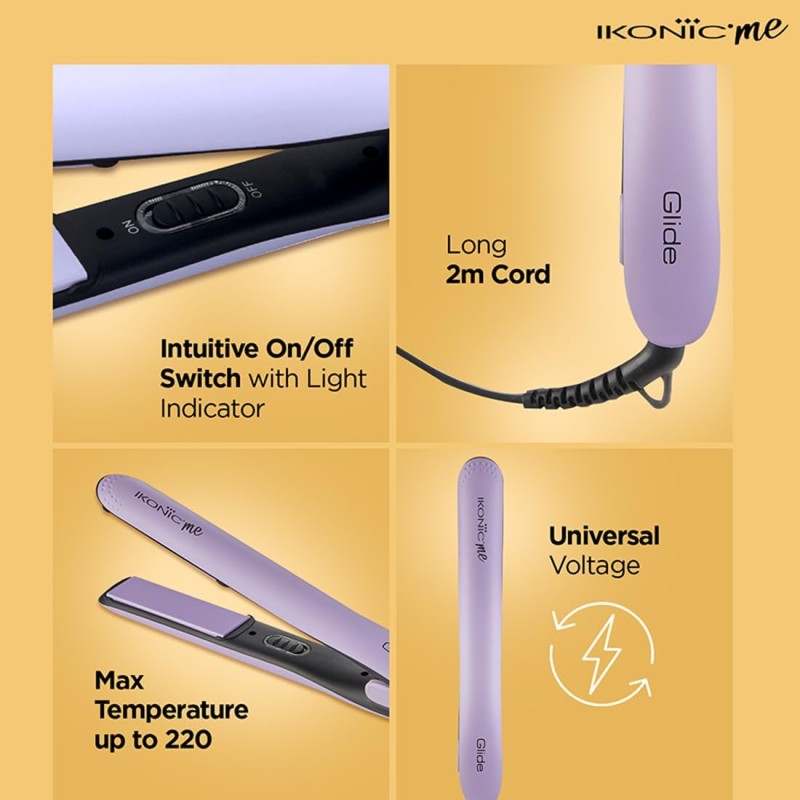 Ikonic Glide Hair Straightener | Ceramic Coated Floating Plates | Quick Heat Up | Switch Light Indicator |Compact Design | Travel Friendly | for All Hair Types, Lilac