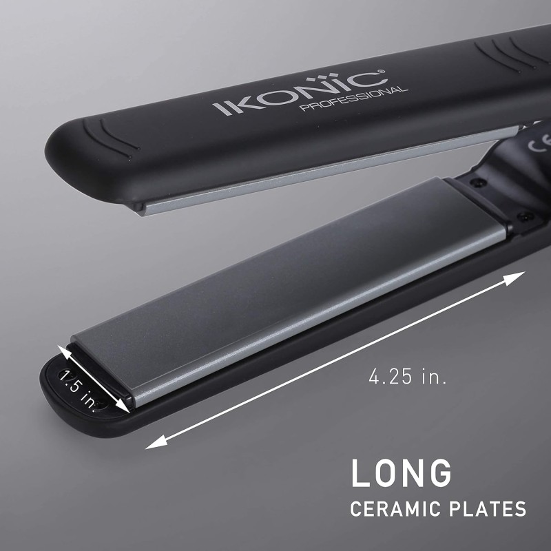Ikonic Professional Pro Straight Hair Straightener For Women, 1.5 Inch Ceramic Floating Plates, Black