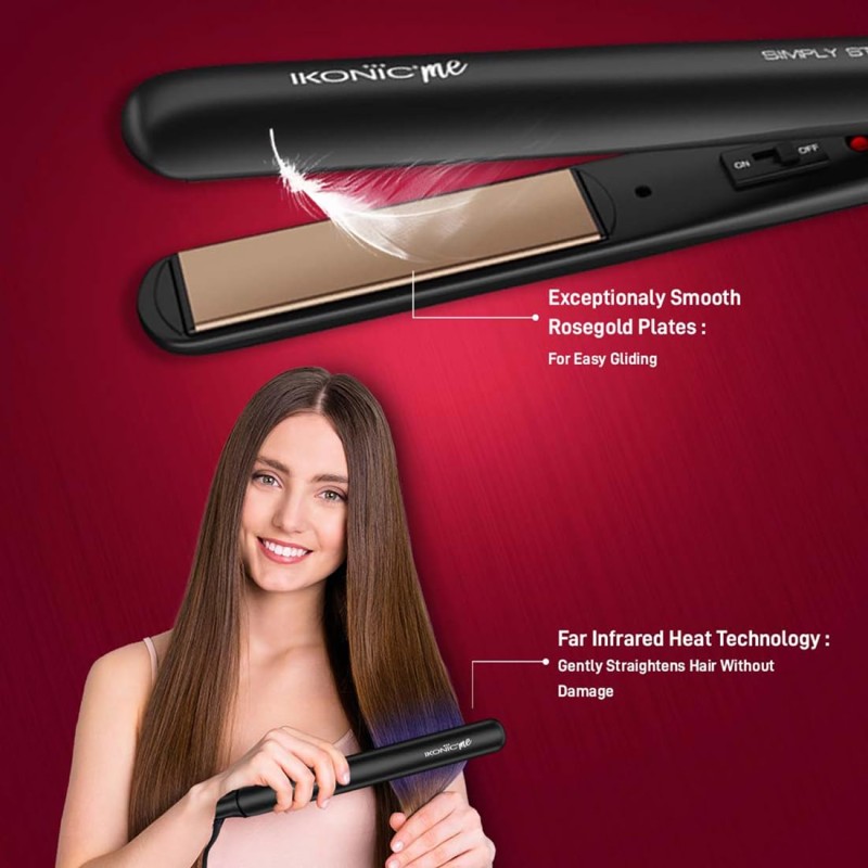 Ikonic Simply Straight Hair Straightener for Women Super Slim Rose Gold 1 inch Plates Compact Design Quick Heat Up Process Auto Controlled Heat Setting Suitable for all Hair Type, Black