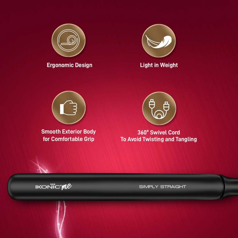 Ikonic Simply Straight Hair Straightener for Women Super Slim Rose Gold 1 inch Plates Compact Design Quick Heat Up Process Auto Controlled Heat Setting Suitable for all Hair Type, Black