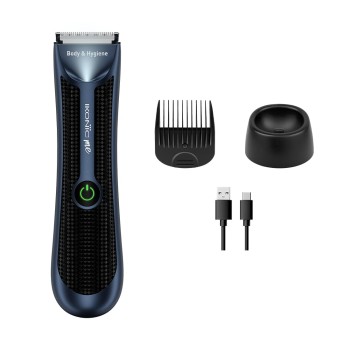 Ikonic Trimmer Body and Hygiene Trimmer for Men - Beard, Body, Hair Gromming, With Three Comb Attachment, Waterproof , Advanced Stainless Steel, Battery Runtime Up to 90 Mins, Charging Dock, Color- Blue