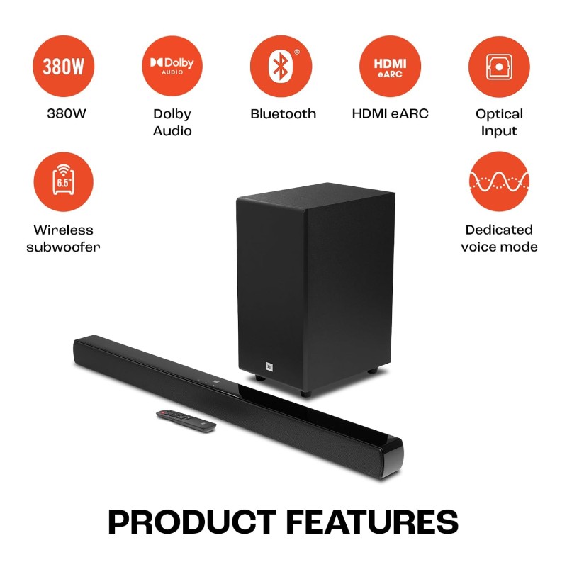 JBL Cinema SB190 Deep Bass, Dolby Atmos Soundbar with Wireless Subwoofer for Extra Deep Bass, 2.1 Channel (380W)