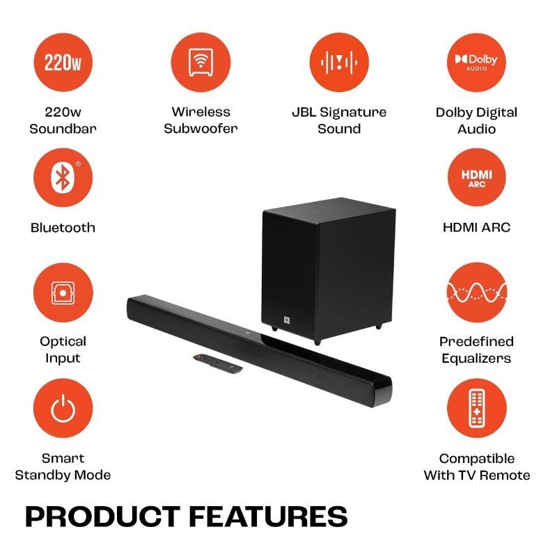 JBL Cinema SB271, Dolby Digital Soundbar with Wireless Subwoofer for Extra Deep Bass, 2.1 Channel Home Theatre (220W)
