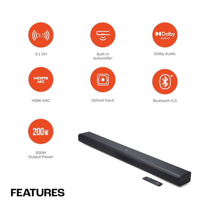 JBL Cinema SB510, Dolby Audio Soundbar with Built-in Subwoofer for Deep Bass, 3.1 Channel with Racetrack Drivers (200W)