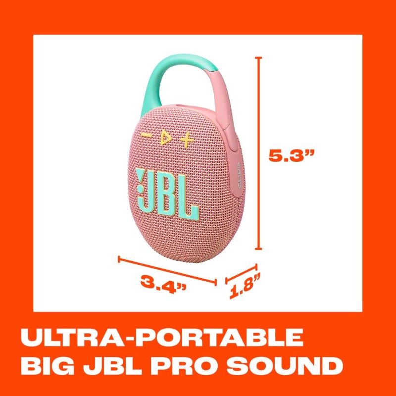 JBL Clip 5 - Ultra-Portable, Waterproof & Dustproof Bluetooth Speaker, Big Pro Sound with punchy bass, Integrated carabiner, Up to 12 Hours of Play, Made in part with recycled materials (Pink)