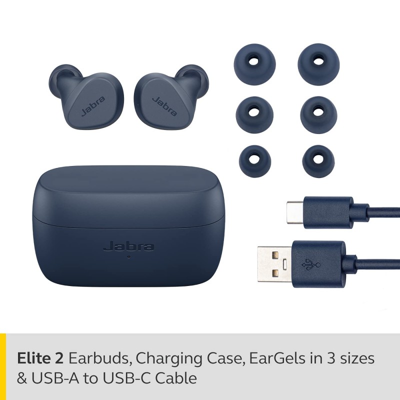 Jabra Elite 2 in Ear True Wireless Earbuds with 21 Hours of Battery, 2 Built-in Microphones for Clear Calls, Rich Bass and Comfortable fit with mic - Navy