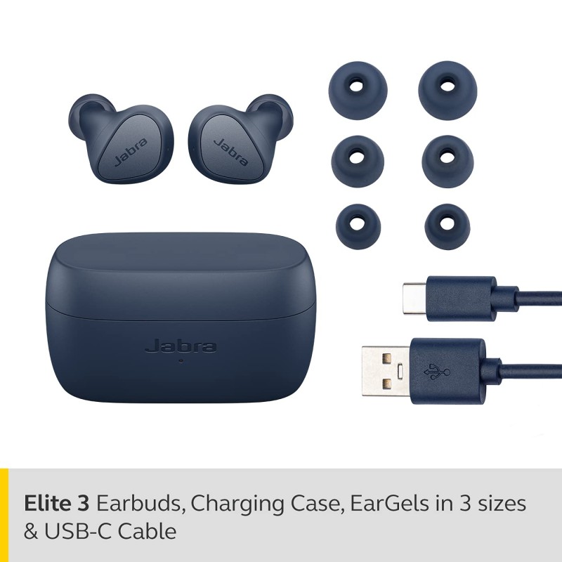 Jabra Elite 3 in Ear True Wireless Earbuds Noise Isolating with 4 Built-in Microphones for Clear Calls, with Fast Charging & Up to 28Hrs, Rich Bass, Customizable Sound, Mono Mode-Navy