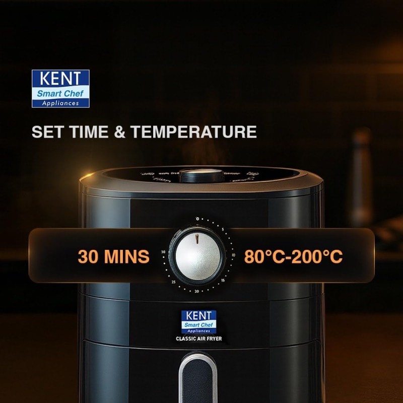 KENT Classic Hot Air Fryer 4L 1300 W | 80% Less Oil | Instant Electric Air Fryer | Auto Cut Off | Fry, Grill, Roast, Steam, and Bake Black