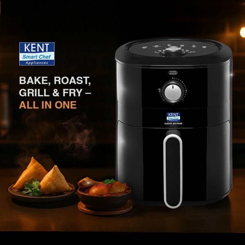 KENT Classic Hot Air Fryer 4L 1300 W | 80% Less Oil | Instant Electric Air Fryer | Auto Cut Off | Fry, Grill, Roast, Steam, and Bake Black