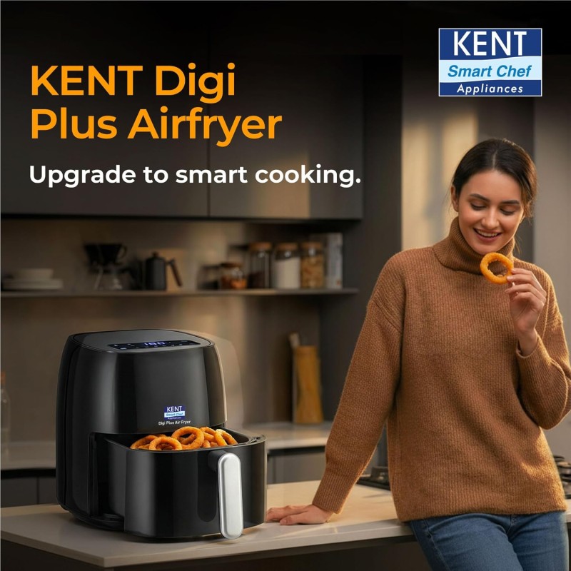 KENT Digi Plus Air Fryer | 4L Capacity & 1300W | Fry, Grill, Roast & Bake | Digital Display & Touch Control Panel | Rapid Heating Black