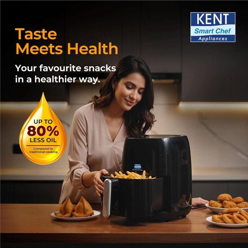 KENT Digi Plus Air Fryer | 4L Capacity & 1300W | Fry, Grill, Roast & Bake | Digital Display & Touch Control Panel | Rapid Heating Black