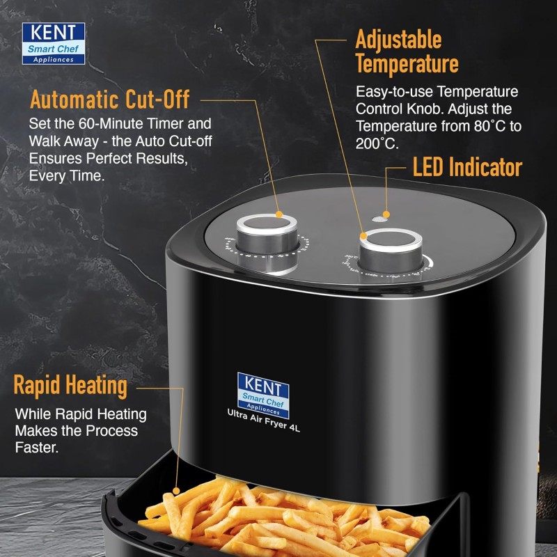 KENT Ultra Air Fryer 4L | 1300W | Fry, Bake, Grill & Roast | Up to 80% Less Oil Usage | Rapid Heat Circulation