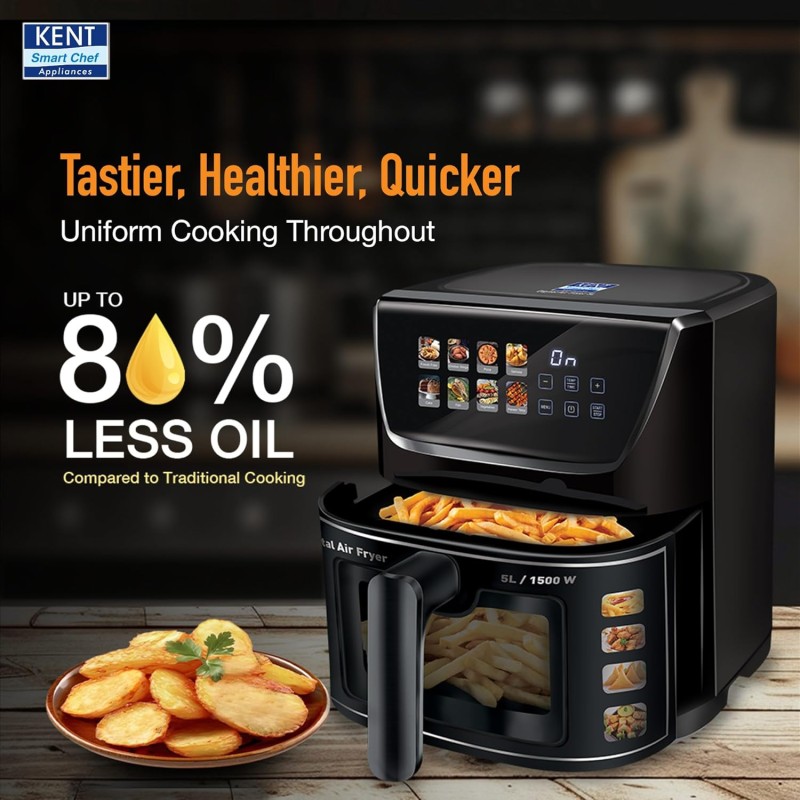 KENT Ultra Digital Air Fryer 5L | 1500W | Bake, Grill & Roast | Up to 80% Less Oil Usage |8 Preset Menu|Rapid Heat Circulation