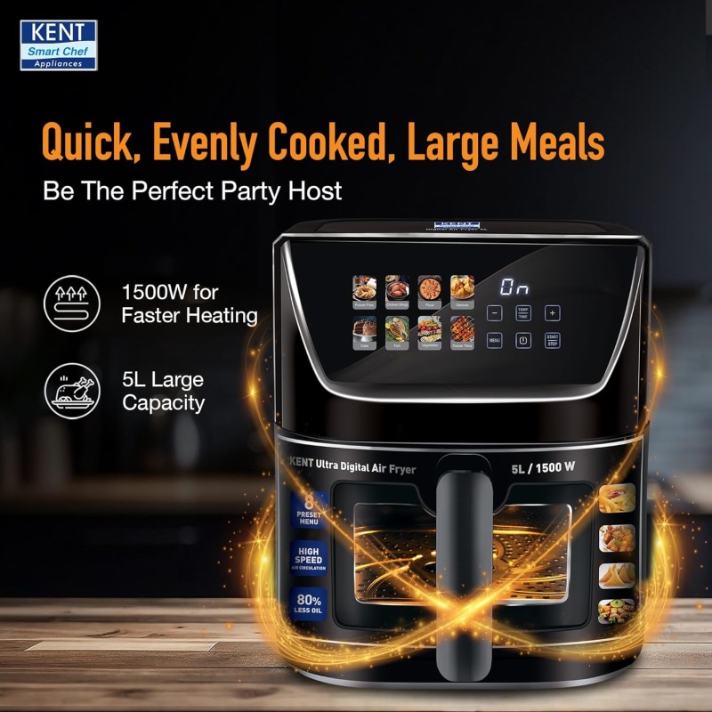 KENT Ultra Digital Air Fryer 5L | 1500W | Bake, Grill & Roast | Up to 80% Less Oil Usage |8 Preset Menu|Rapid Heat Circulation
