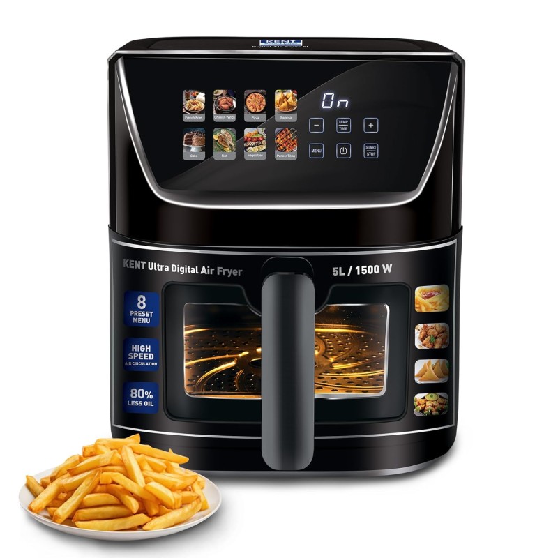 KENT Ultra Digital Air Fryer 5L | 1500W | Bake, Grill & Roast | Up to 80% Less Oil Usage |8 Preset Menu|Rapid Heat Circulation