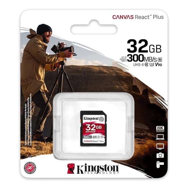 Kingston Canvas React Plus 32GB SD Card | SDXC UHS-II | 300R/260W U3 V90 | Full HD/4K/8K | SDR2/32GB