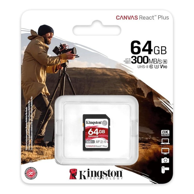 Kingston Canvas React Plus 64GB SD Card | SDXC UHS-II | 300R/260W U3 V90 | Full HD/4K/8K | SDR2/64GB