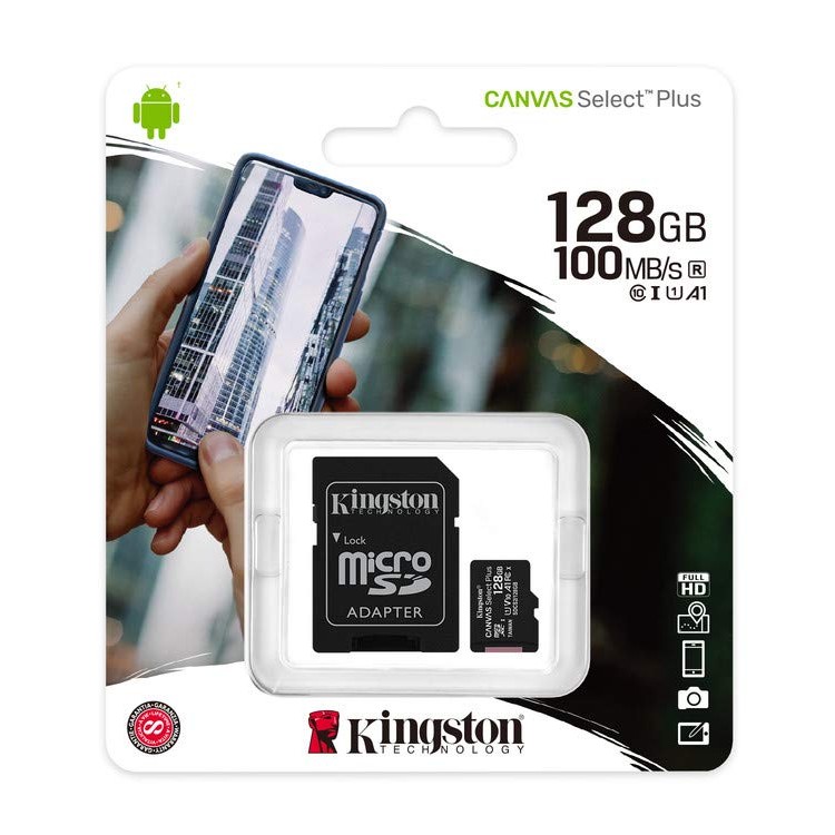 Kingston Canvas Select Plus 128GB microSD Card Class 10 UHS-I speeds up to 100MB/s with Adapter (SDCS2/128GBIN), Black