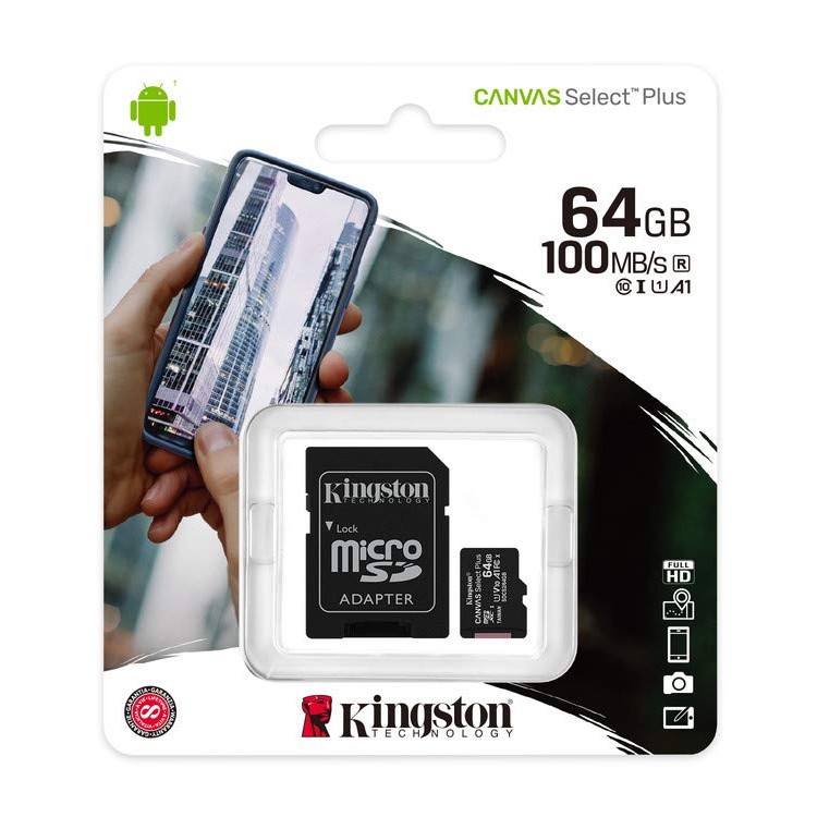 Kingston Canvas Select Plus 64GB microSD Card Class 10 UHS-I speeds up to 100MB/s with Adapter (SDCS2/64GBIN)