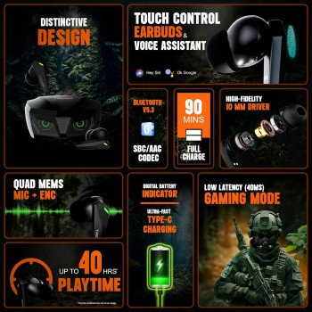 Kraken X1 with Battery Display, 40ms Latency, Quad Mic ENC, 40 Hr Battery, v5.3 Bluetooth Headset (Black, True Wireless)