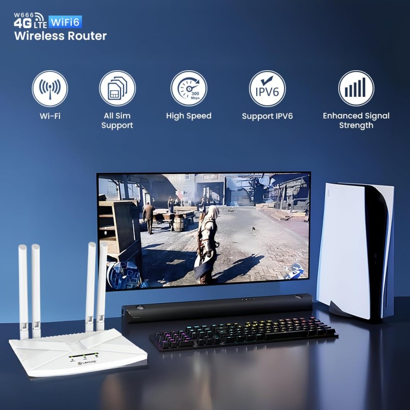 LAPCARE 4G LTE WiFi Router – All SIM Support, 300Mbps High-Speed Internet, External Antenna, MU-MIMO